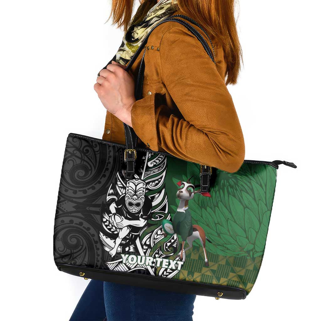 New Zealand and South Africa Rugby Custom Leather Tote Bag Maori Tiki Fern Springboks Kente Pattern - Aussie Hoodie