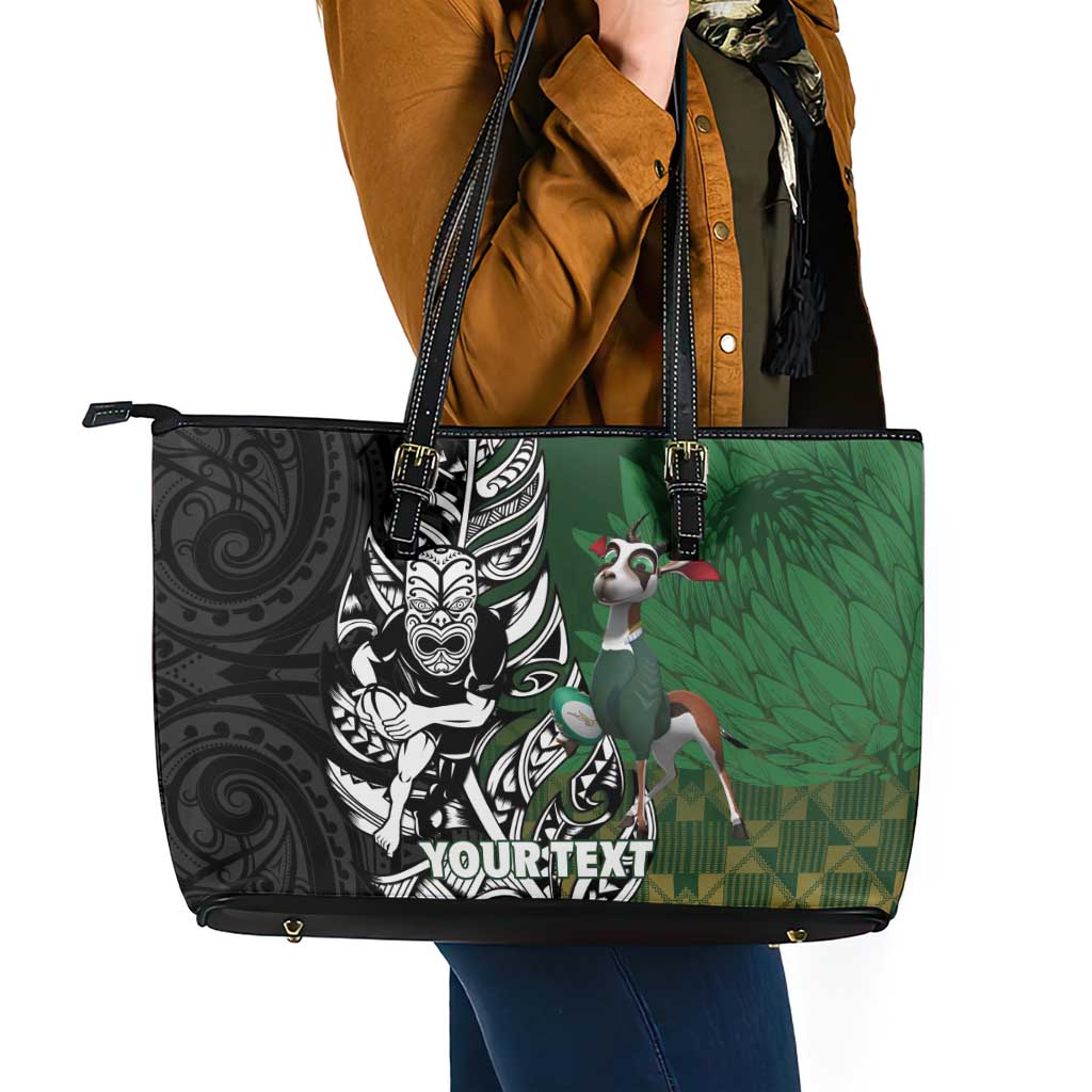 New Zealand and South Africa Rugby Custom Leather Tote Bag Maori Tiki Fern Springboks Kente Pattern - Aussie Hoodie