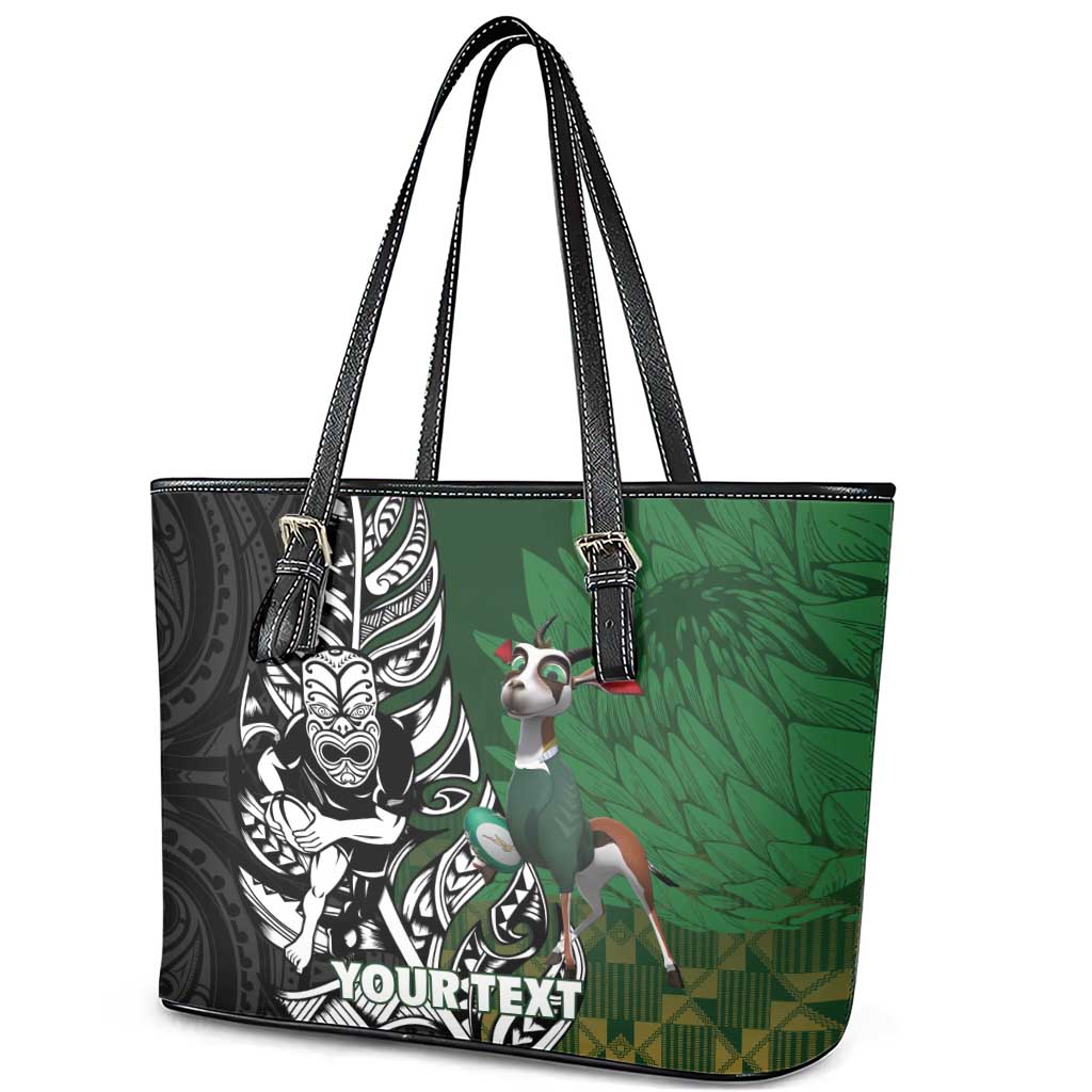 New Zealand and South Africa Rugby Custom Leather Tote Bag Maori Tiki Fern Springboks Kente Pattern - Aussie Hoodie