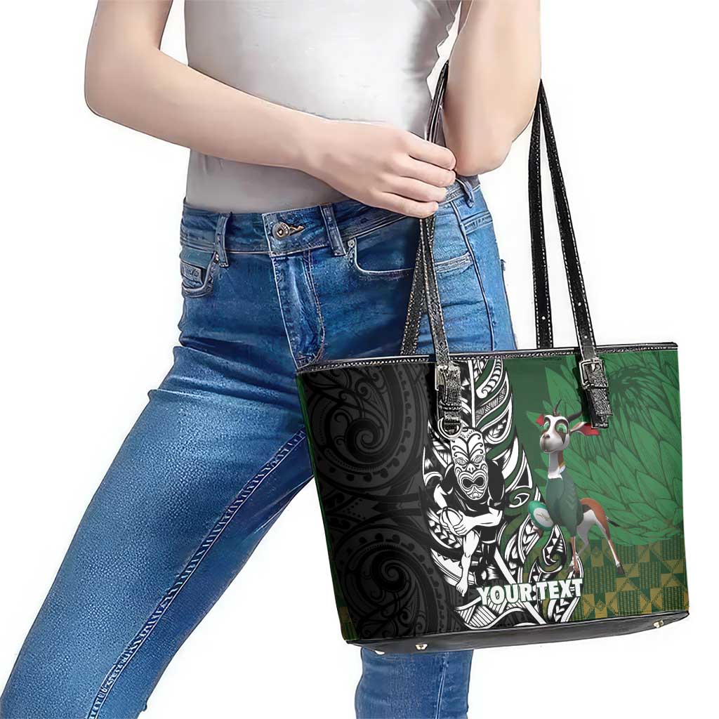 New Zealand and South Africa Rugby Custom Leather Tote Bag Maori Tiki Fern Springboks Kente Pattern - Aussie Hoodie