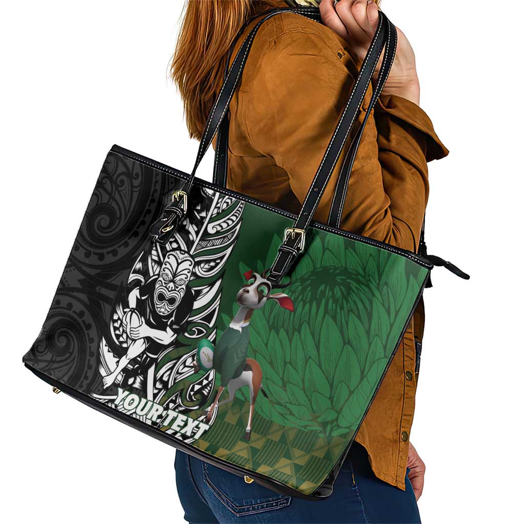 New Zealand and South Africa Rugby Custom Leather Tote Bag Maori Tiki Fern Springboks Kente Pattern - Aussie Hoodie