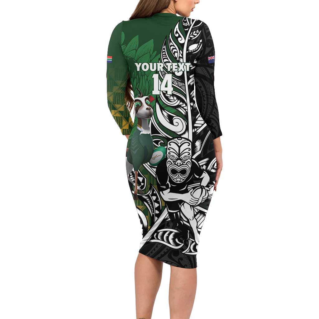 New Zealand and South Africa Rugby Custom Long Sleeve Bodycon Dress Maori Tiki Fern Springboks Kente Pattern - Aussie Hoodie