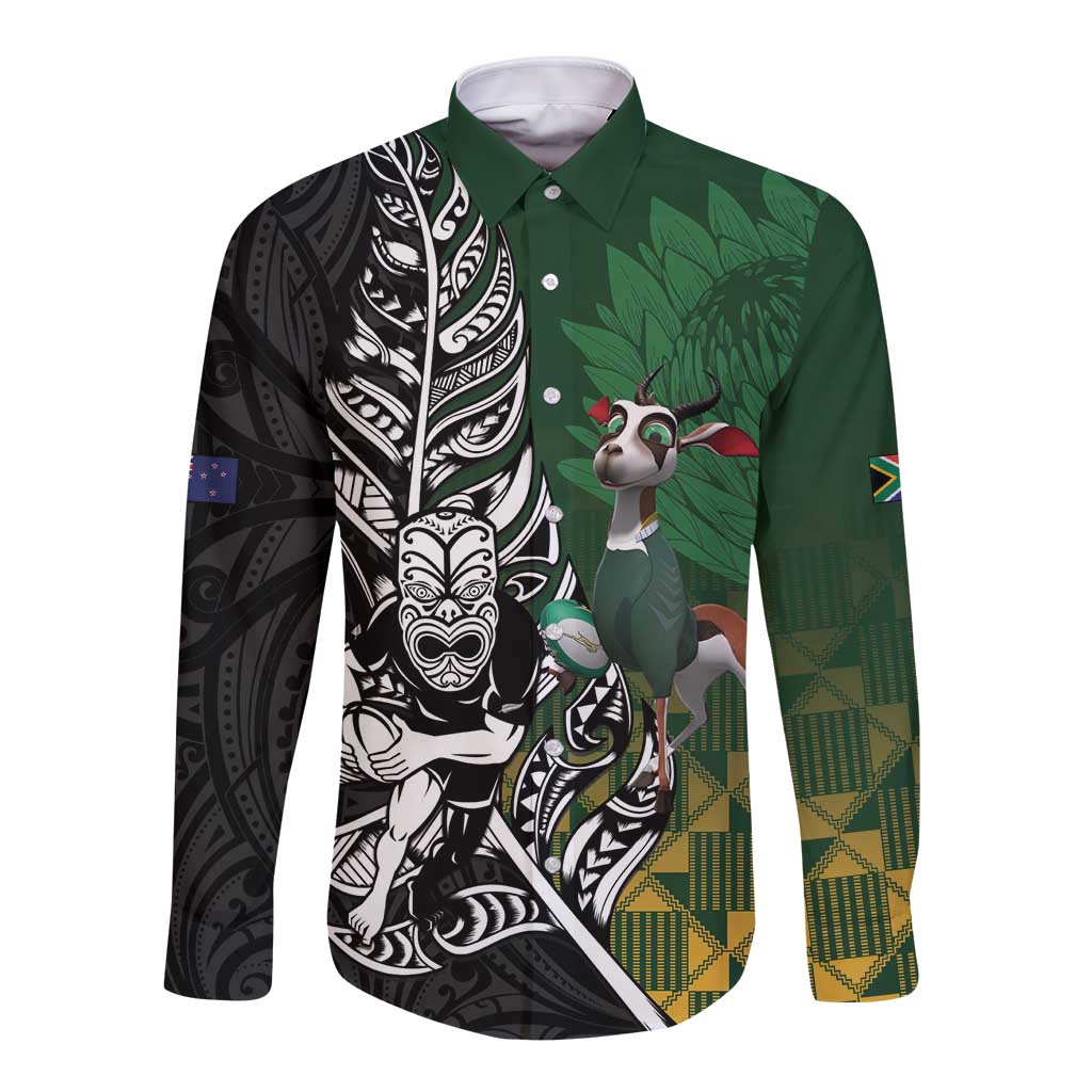 New Zealand and South Africa Rugby Custom Long Sleeve Button Shirt Maori Tiki Fern Springboks Kente Pattern - Aussie Hoodie