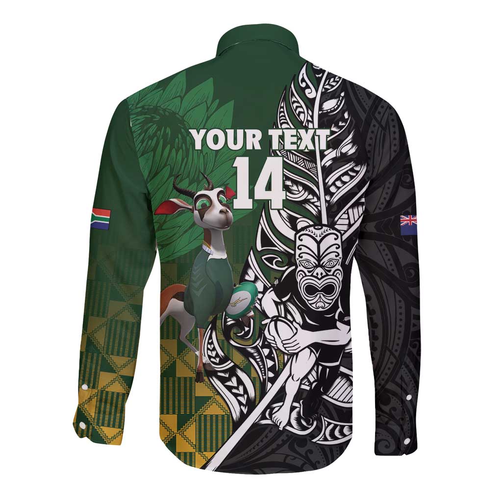 New Zealand and South Africa Rugby Custom Long Sleeve Button Shirt Maori Tiki Fern Springboks Kente Pattern - Aussie Hoodie