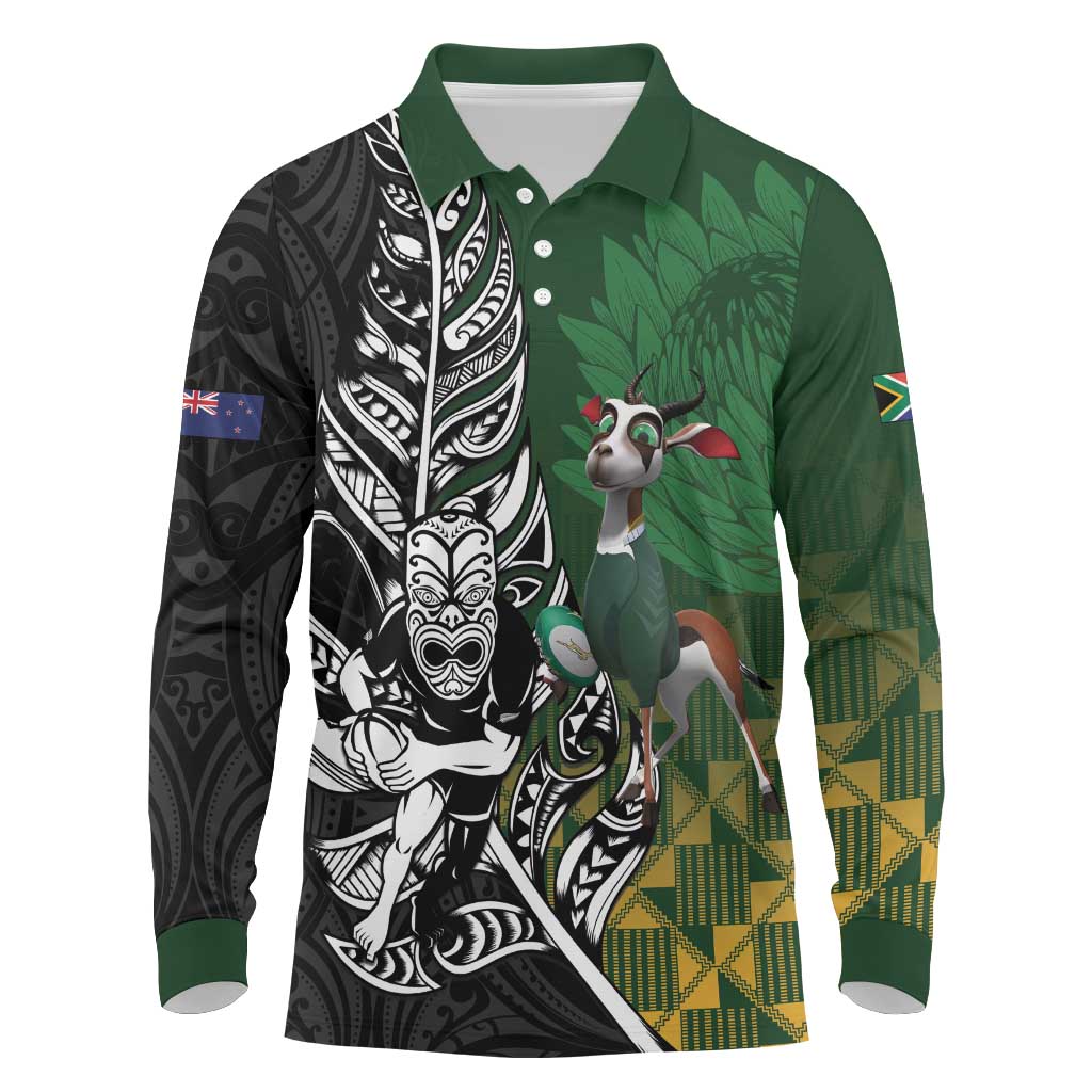 New Zealand and South Africa Rugby Custom Long Sleeve Polo Shirt Maori Tiki Fern Springboks Kente Pattern - Aussie Hoodie