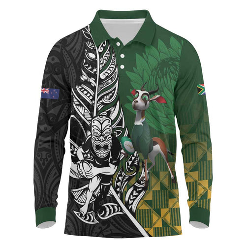 New Zealand and South Africa Rugby Custom Long Sleeve Polo Shirt Maori Tiki Fern Springboks Kente Pattern - Aussie Hoodie