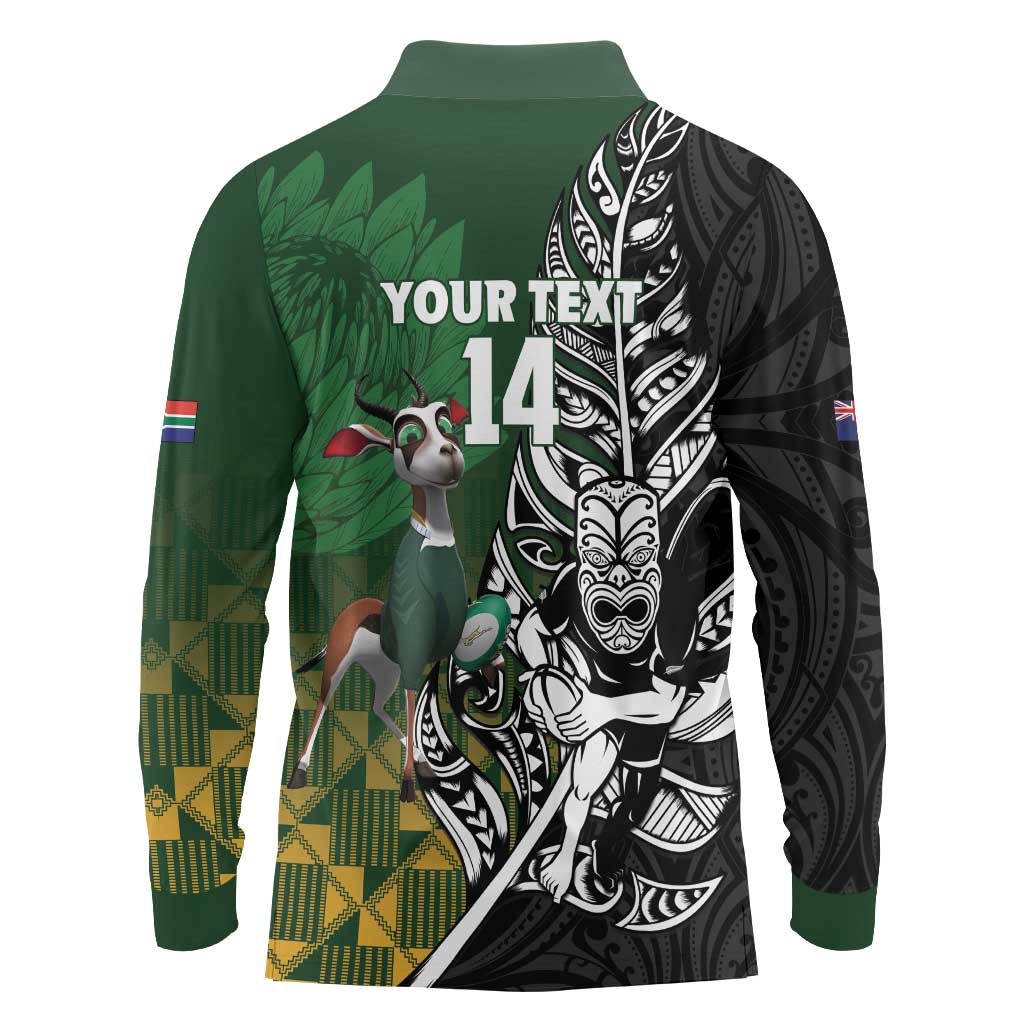 New Zealand and South Africa Rugby Custom Long Sleeve Polo Shirt Maori Tiki Fern Springboks Kente Pattern - Aussie Hoodie