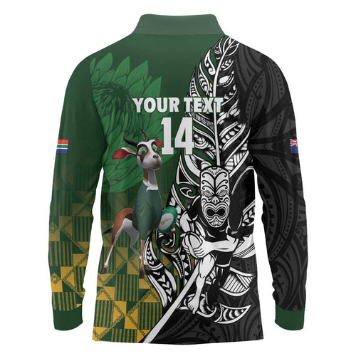 New Zealand and South Africa Rugby Custom Long Sleeve Polo Shirt Maori Tiki Fern Springboks Kente Pattern - Aussie Hoodie