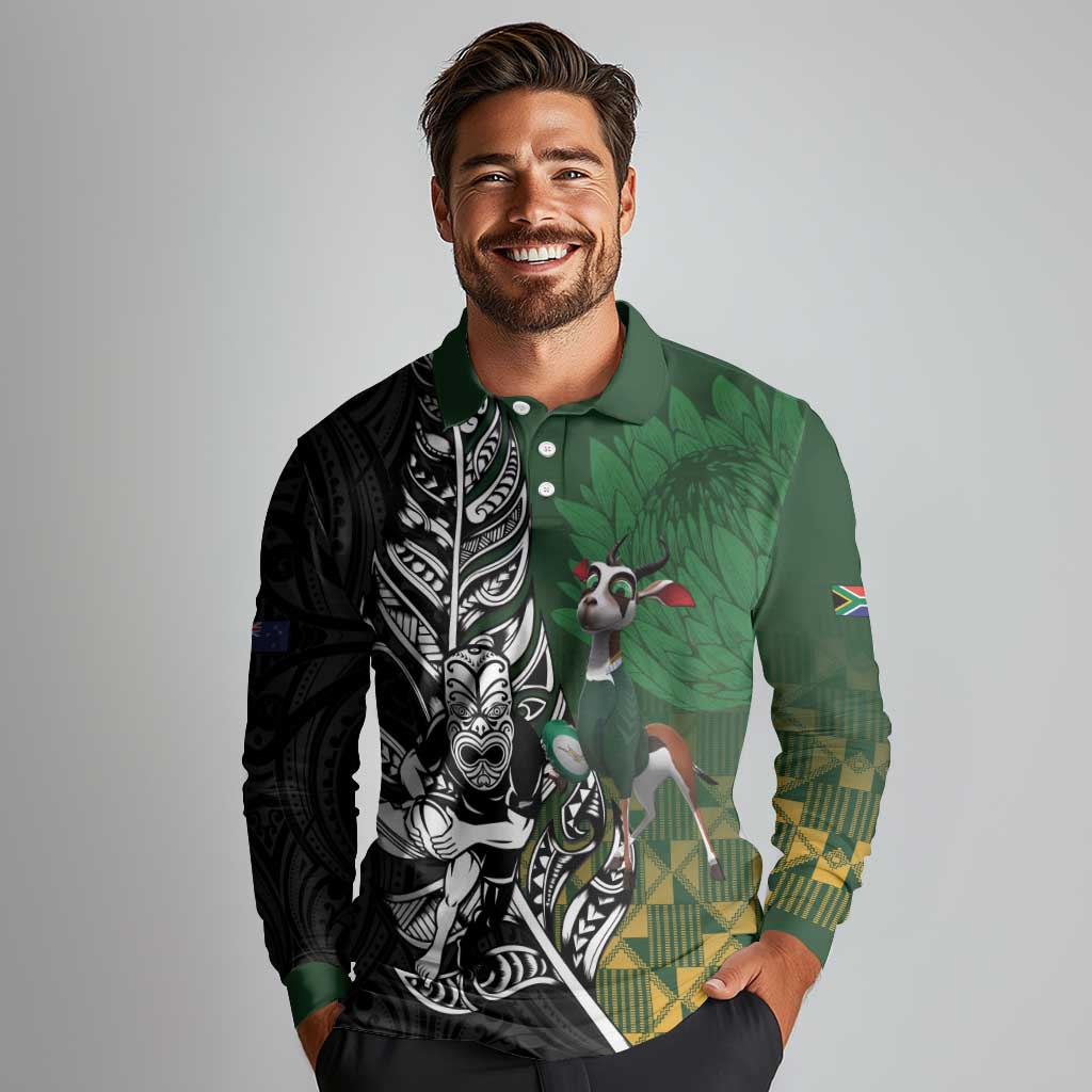 New Zealand and South Africa Rugby Custom Long Sleeve Polo Shirt Maori Tiki Fern Springboks Kente Pattern - Aussie Hoodie