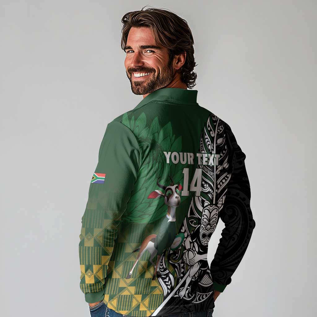 New Zealand and South Africa Rugby Custom Long Sleeve Polo Shirt Maori Tiki Fern Springboks Kente Pattern - Aussie Hoodie