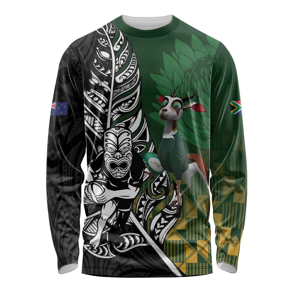 New Zealand and South Africa Rugby Custom Long Sleeve Shirt Maori Tiki Fern Springboks Kente Pattern - Aussie Hoodie