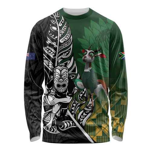 New Zealand and South Africa Rugby Custom Long Sleeve Shirt Maori Tiki Fern Springboks Kente Pattern - Aussie Hoodie
