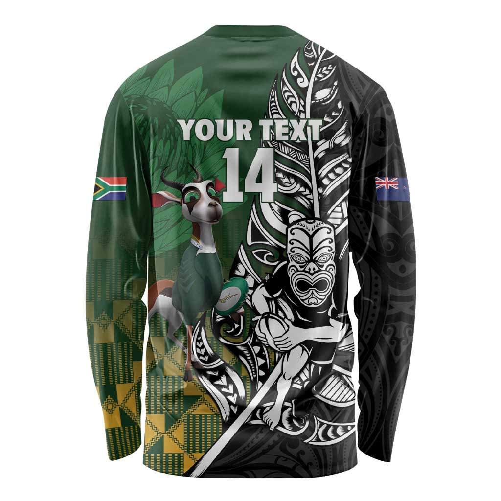 New Zealand and South Africa Rugby Custom Long Sleeve Shirt Maori Tiki Fern Springboks Kente Pattern - Aussie Hoodie