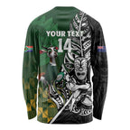 New Zealand and South Africa Rugby Custom Long Sleeve Shirt Maori Tiki Fern Springboks Kente Pattern - Aussie Hoodie