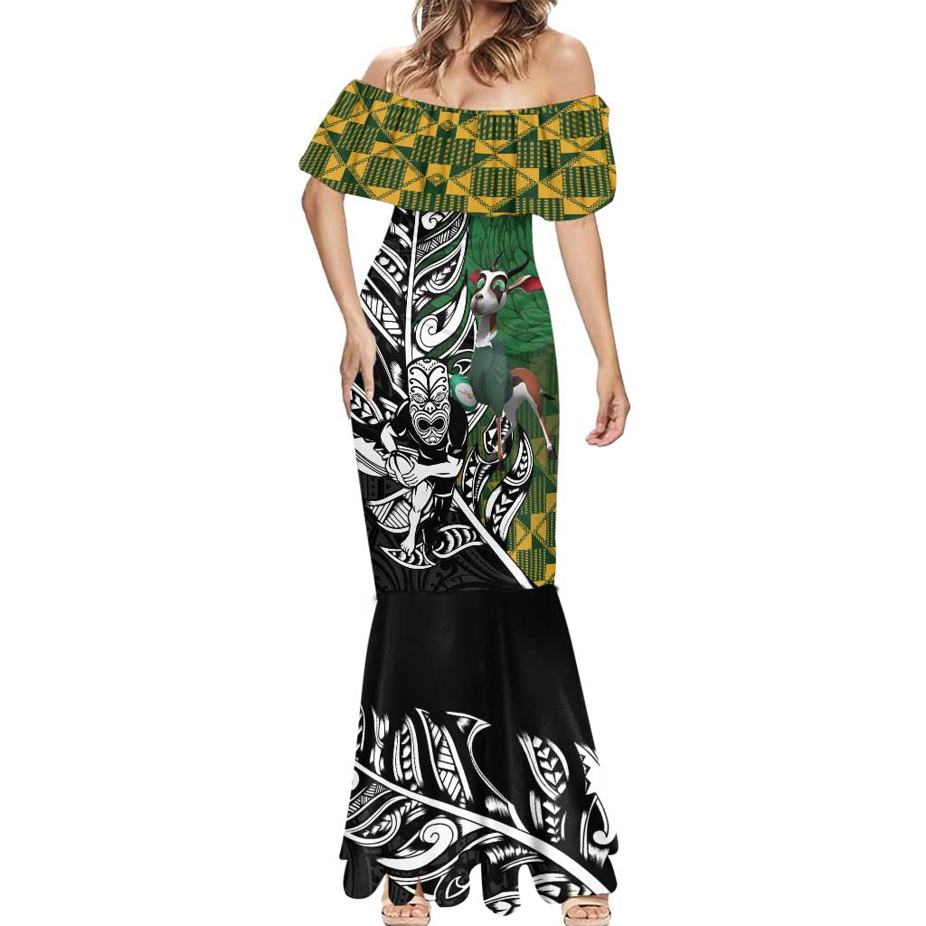 New Zealand and South Africa Rugby Custom Mermaid Dress Maori Tiki Fern Springboks Kente Pattern - Aussie Hoodie