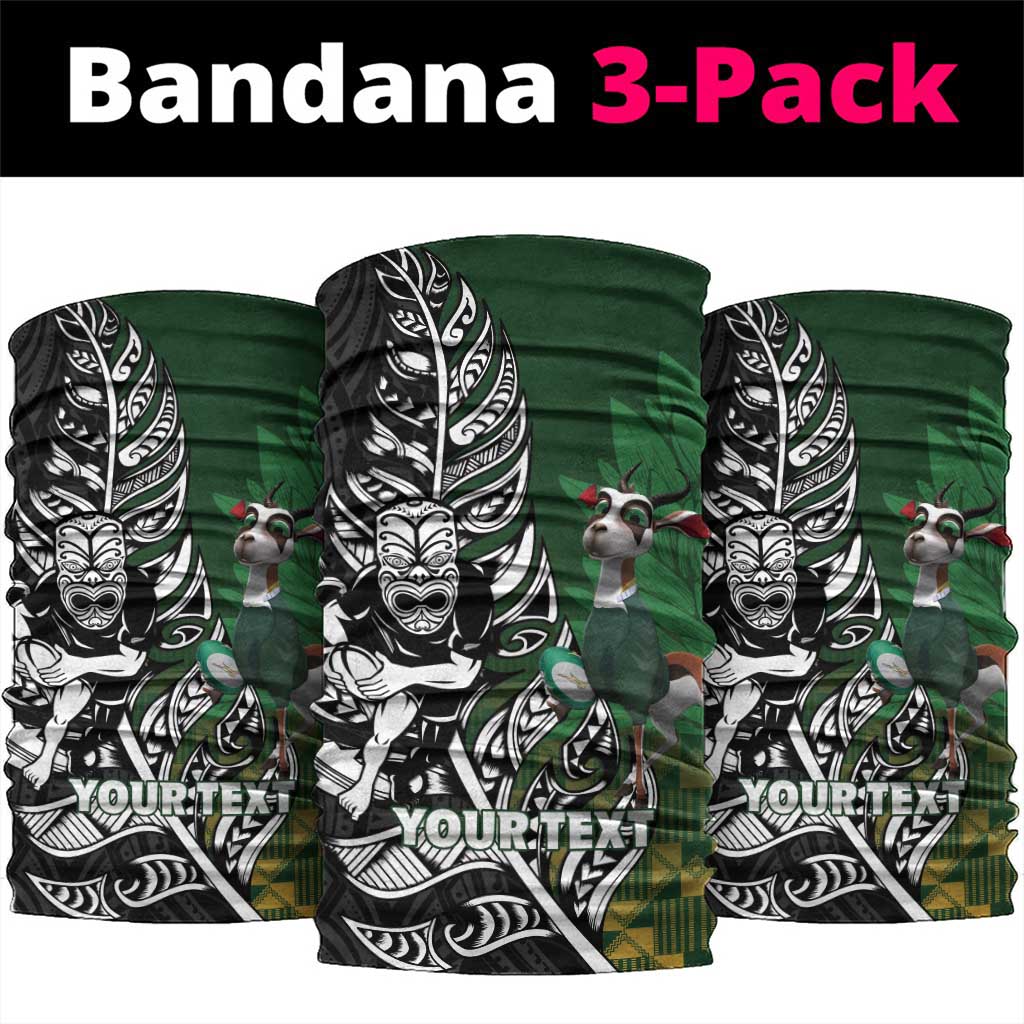 New Zealand and South Africa Rugby Custom Neck Gaiter Maori Tiki Fern Springboks Kente Pattern - Aussie Hoodie