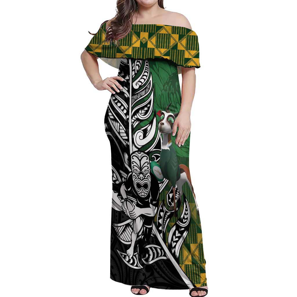 New Zealand and South Africa Rugby Custom Off Shoulder Maxi Dress Maori Tiki Fern Springboks Kente Pattern - Aussie Hoodie