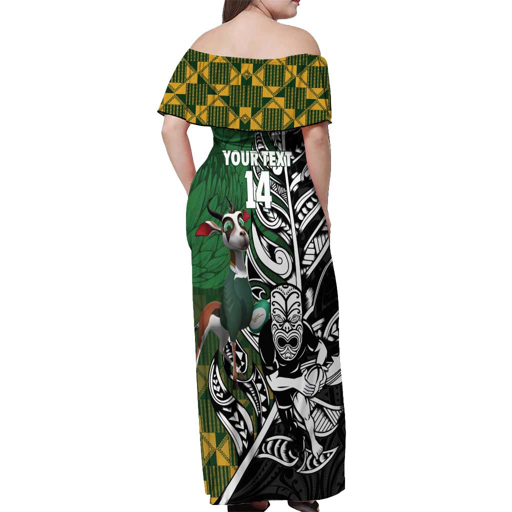 New Zealand and South Africa Rugby Custom Off Shoulder Maxi Dress Maori Tiki Fern Springboks Kente Pattern - Aussie Hoodie