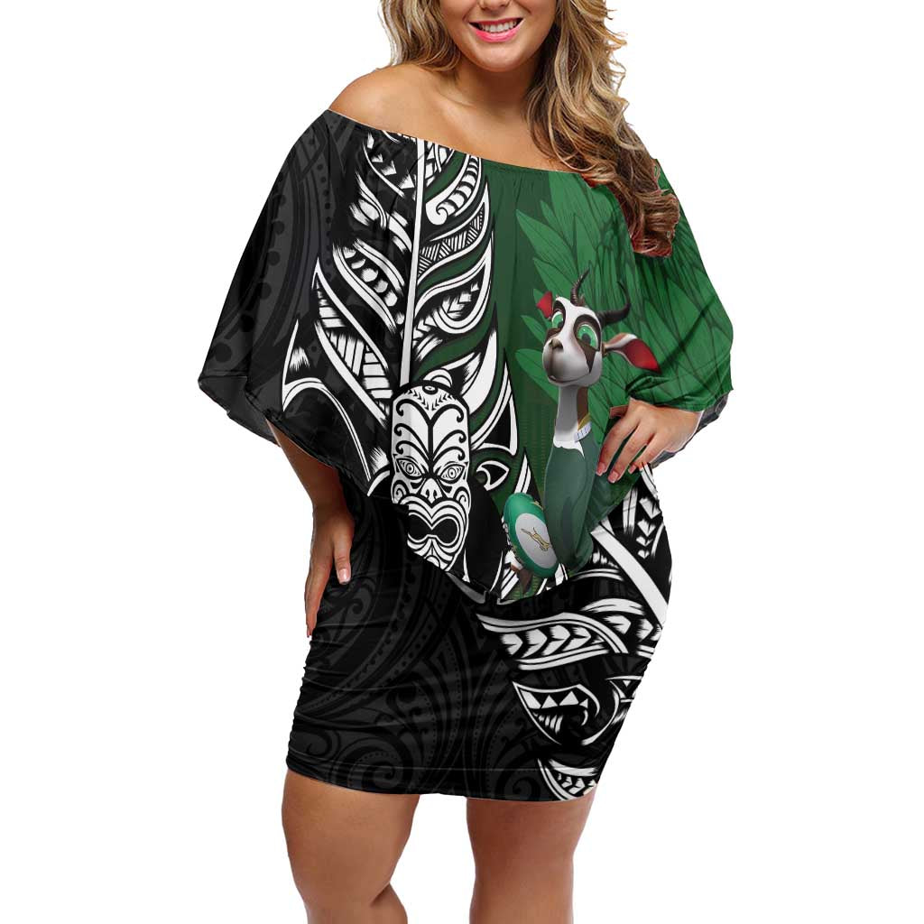 New Zealand and South Africa Rugby Custom Off Shoulder Short Dress Maori Tiki Fern Springboks Kente Pattern - Aussie Hoodie