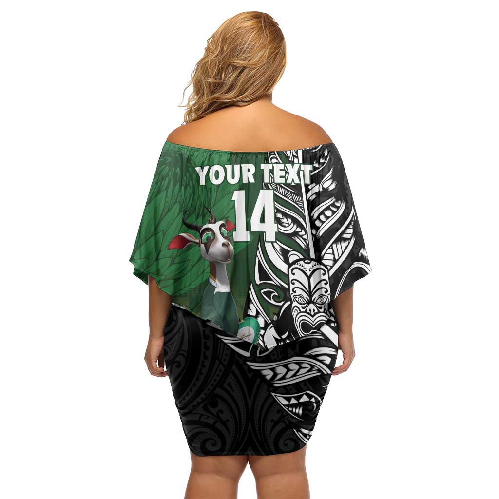 New Zealand and South Africa Rugby Custom Off Shoulder Short Dress Maori Tiki Fern Springboks Kente Pattern - Aussie Hoodie