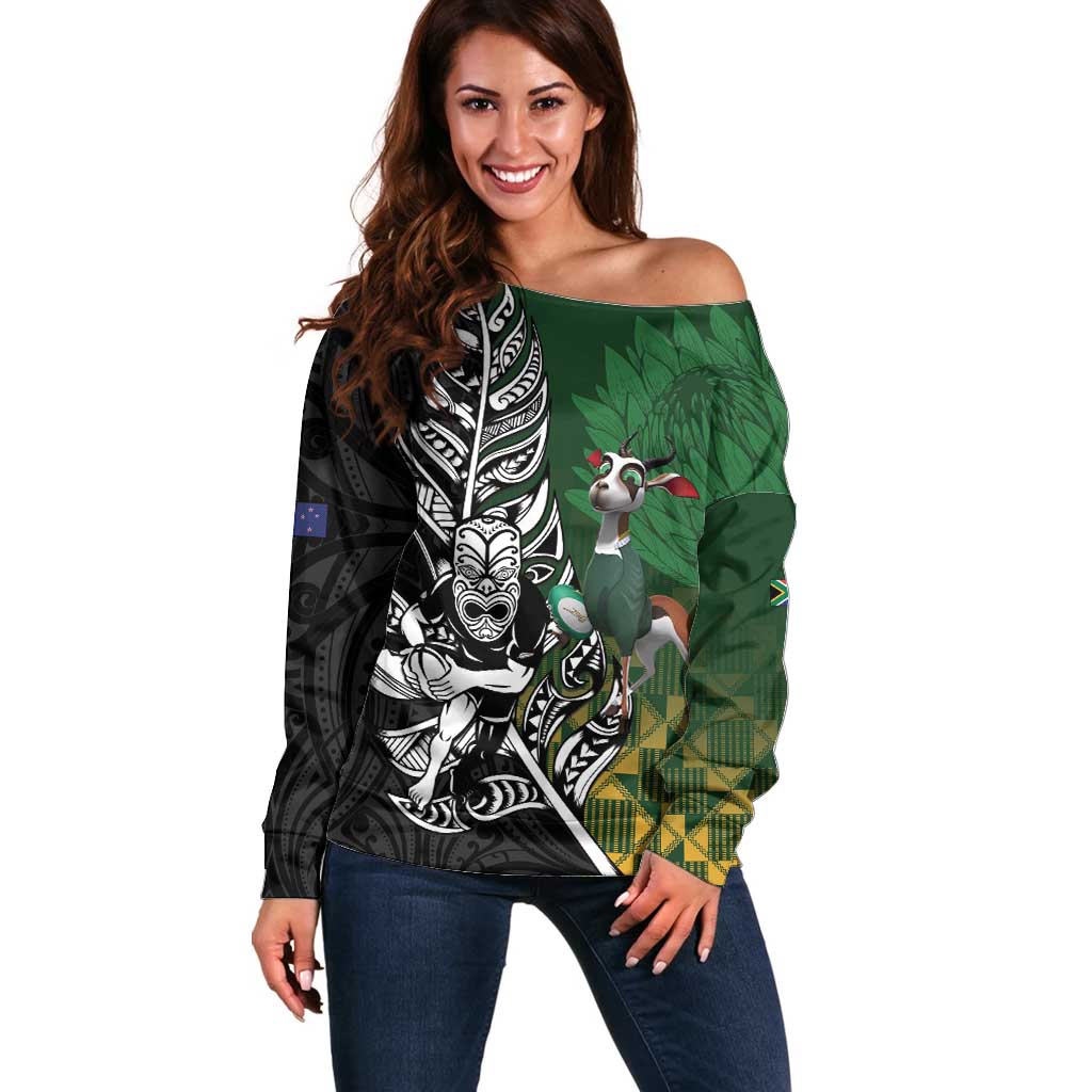 New Zealand and South Africa Rugby Custom Off Shoulder Sweater Maori Tiki Fern Springboks Kente Pattern - Aussie Hoodie