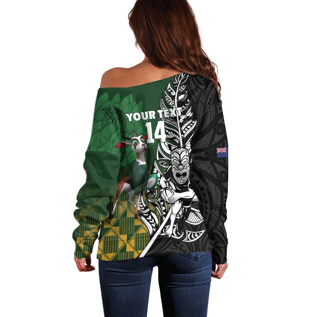 New Zealand and South Africa Rugby Custom Off Shoulder Sweater Maori Tiki Fern Springboks Kente Pattern - Aussie Hoodie