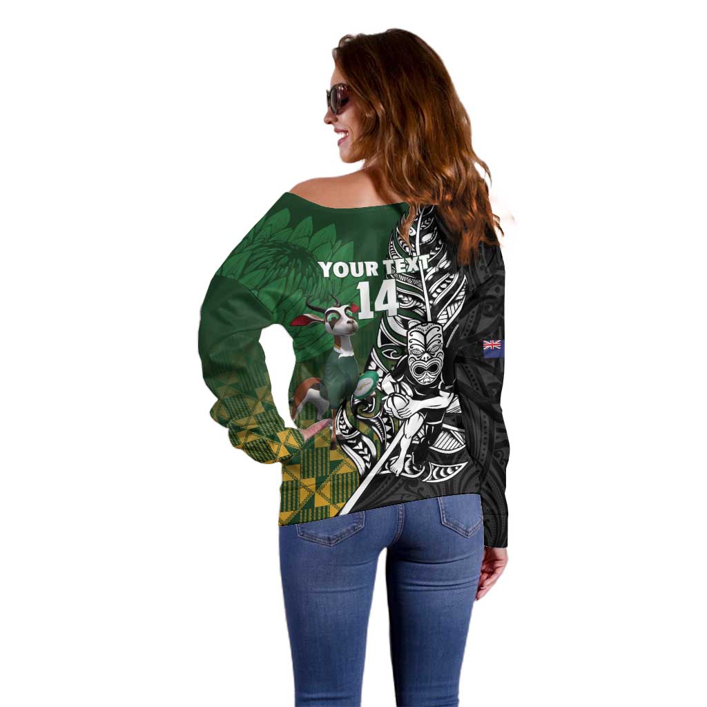 New Zealand and South Africa Rugby Custom Off Shoulder Sweater Maori Tiki Fern Springboks Kente Pattern - Aussie Hoodie