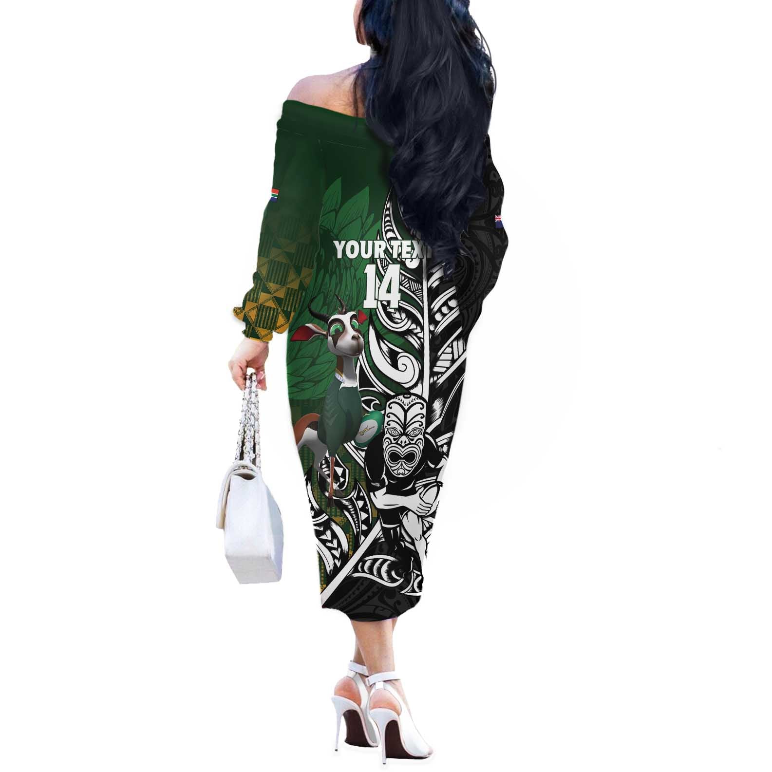 New Zealand and South Africa Rugby Custom Off The Shoulder Long Sleeve Dress Maori Tiki Fern Springboks Kente Pattern - Aussie Hoodie