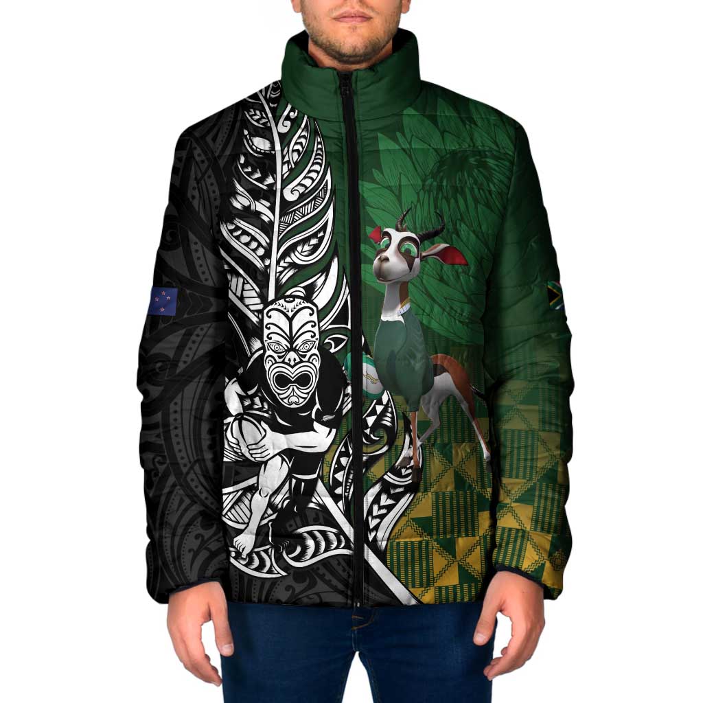 New Zealand and South Africa Rugby Custom Padded Jacket Maori Tiki Fern Springboks Kente Pattern - Aussie Hoodie
