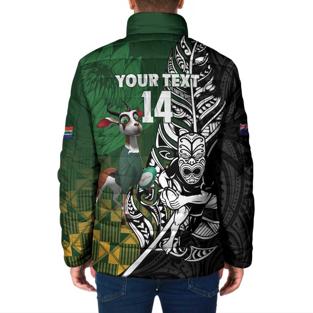 New Zealand and South Africa Rugby Custom Padded Jacket Maori Tiki Fern Springboks Kente Pattern - Aussie Hoodie