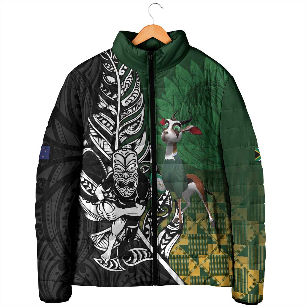 New Zealand and South Africa Rugby Custom Padded Jacket Maori Tiki Fern Springboks Kente Pattern - Aussie Hoodie