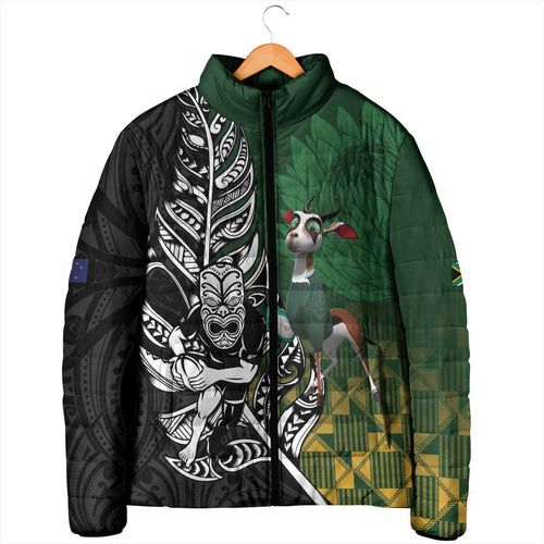 New Zealand and South Africa Rugby Custom Padded Jacket Maori Tiki Fern Springboks Kente Pattern - Aussie Hoodie