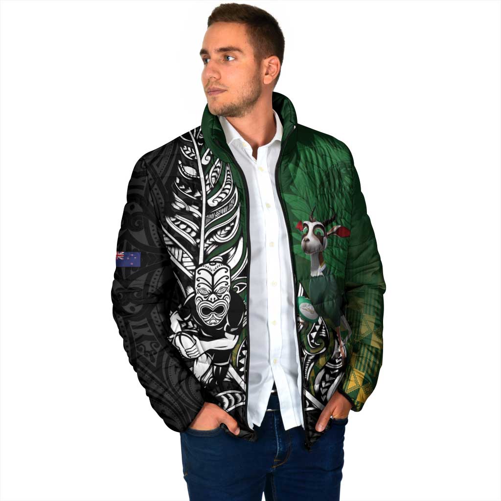 New Zealand and South Africa Rugby Custom Padded Jacket Maori Tiki Fern Springboks Kente Pattern - Aussie Hoodie