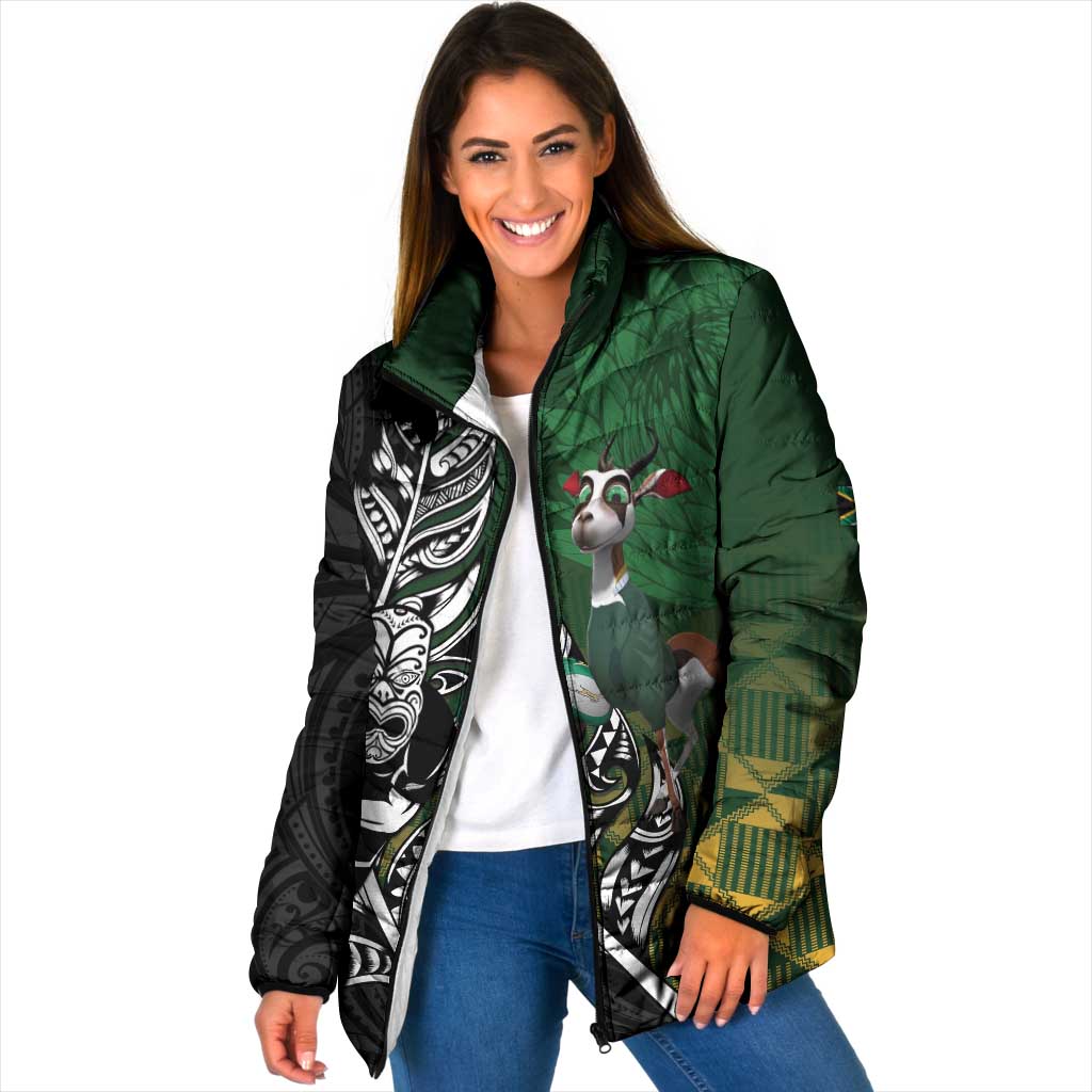 New Zealand and South Africa Rugby Custom Padded Jacket Maori Tiki Fern Springboks Kente Pattern - Aussie Hoodie