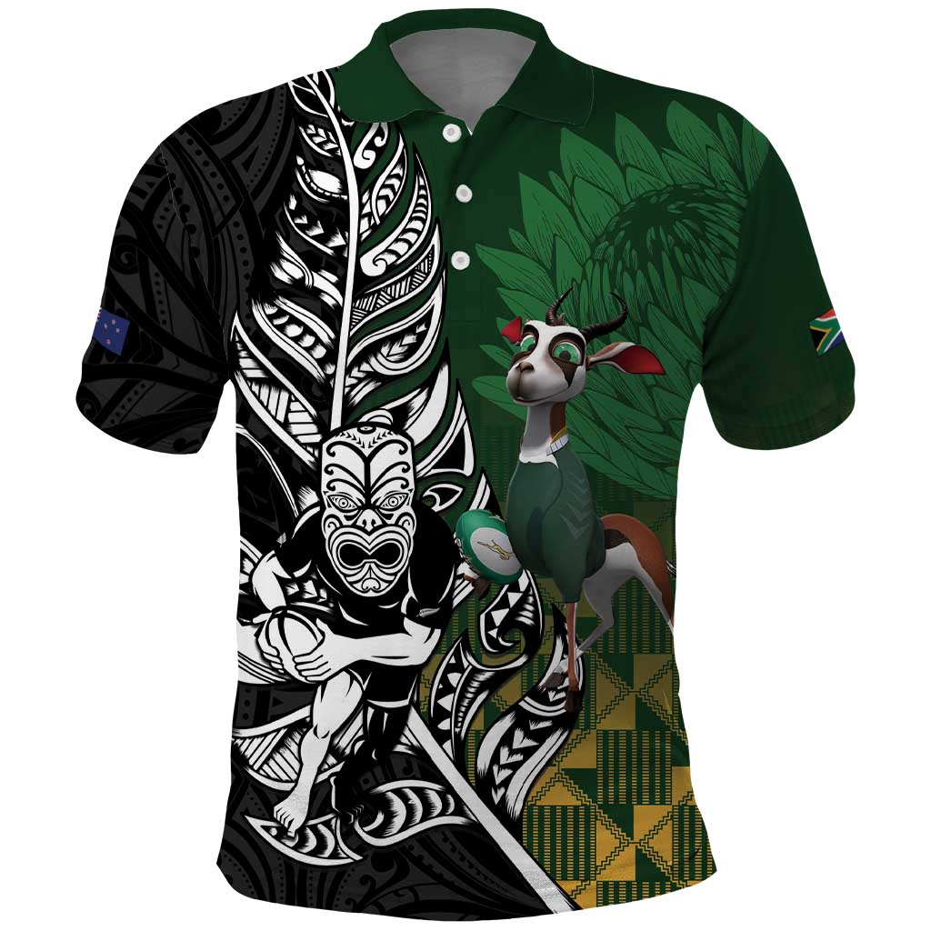 New Zealand and South Africa Rugby Custom Polo Shirt Maori Tiki Fern Springboks Kente Pattern - Aussie Hoodie