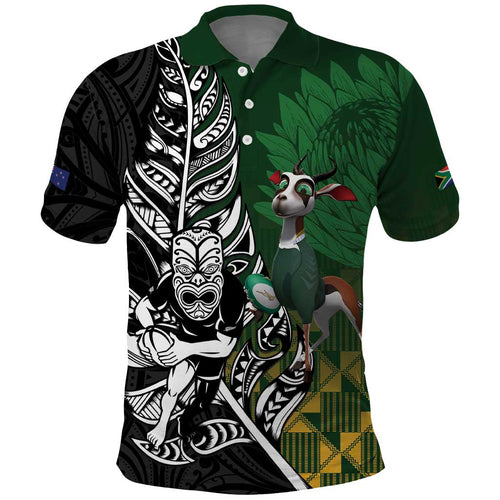 New Zealand and South Africa Rugby Custom Polo Shirt Maori Tiki Fern Springboks Kente Pattern - Aussie Hoodie