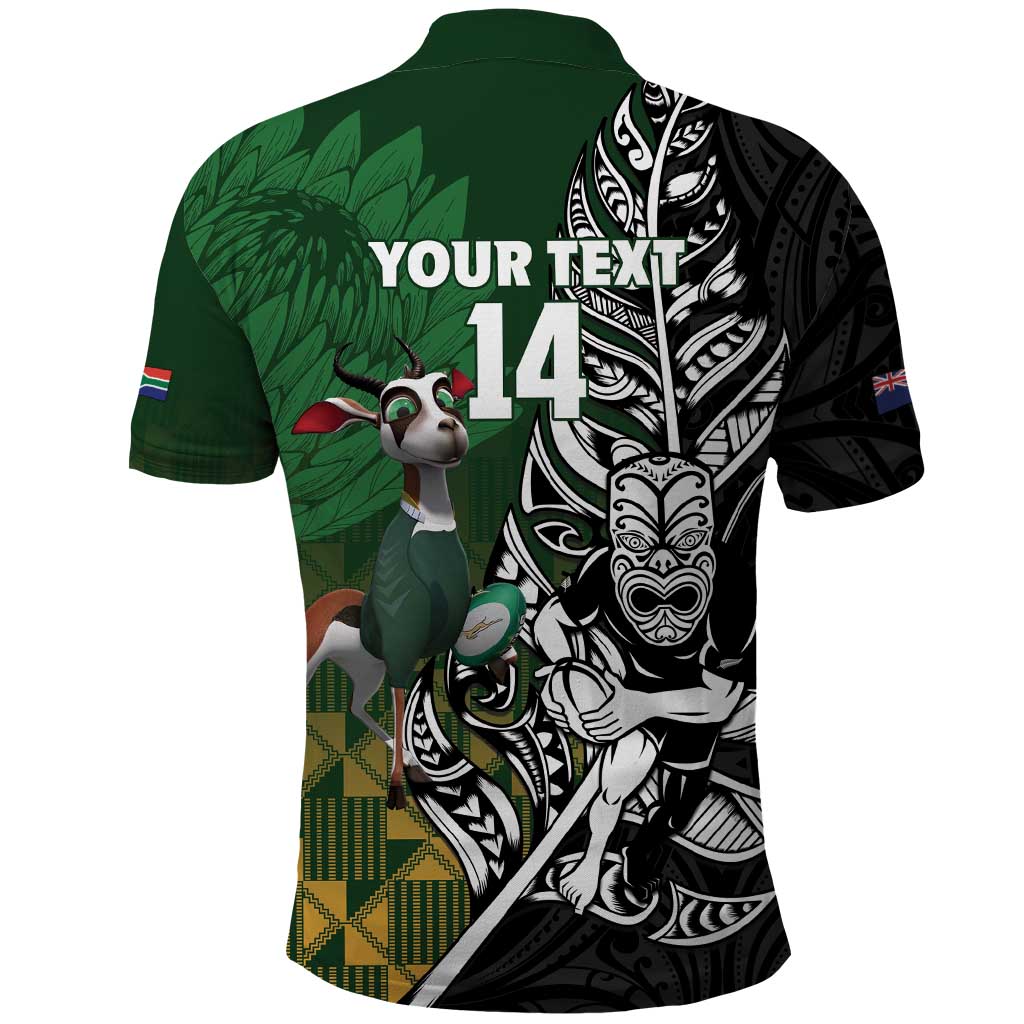 New Zealand and South Africa Rugby Custom Polo Shirt Maori Tiki Fern Springboks Kente Pattern - Aussie Hoodie
