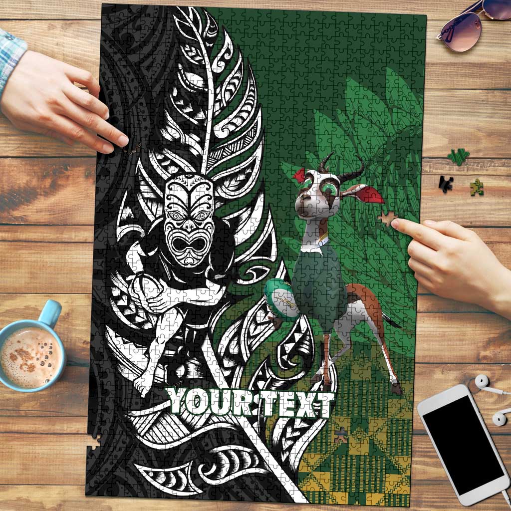 New Zealand and South Africa Rugby Custom Puzzle Maori Tiki Fern Springboks Kente Pattern - Aussie Hoodie