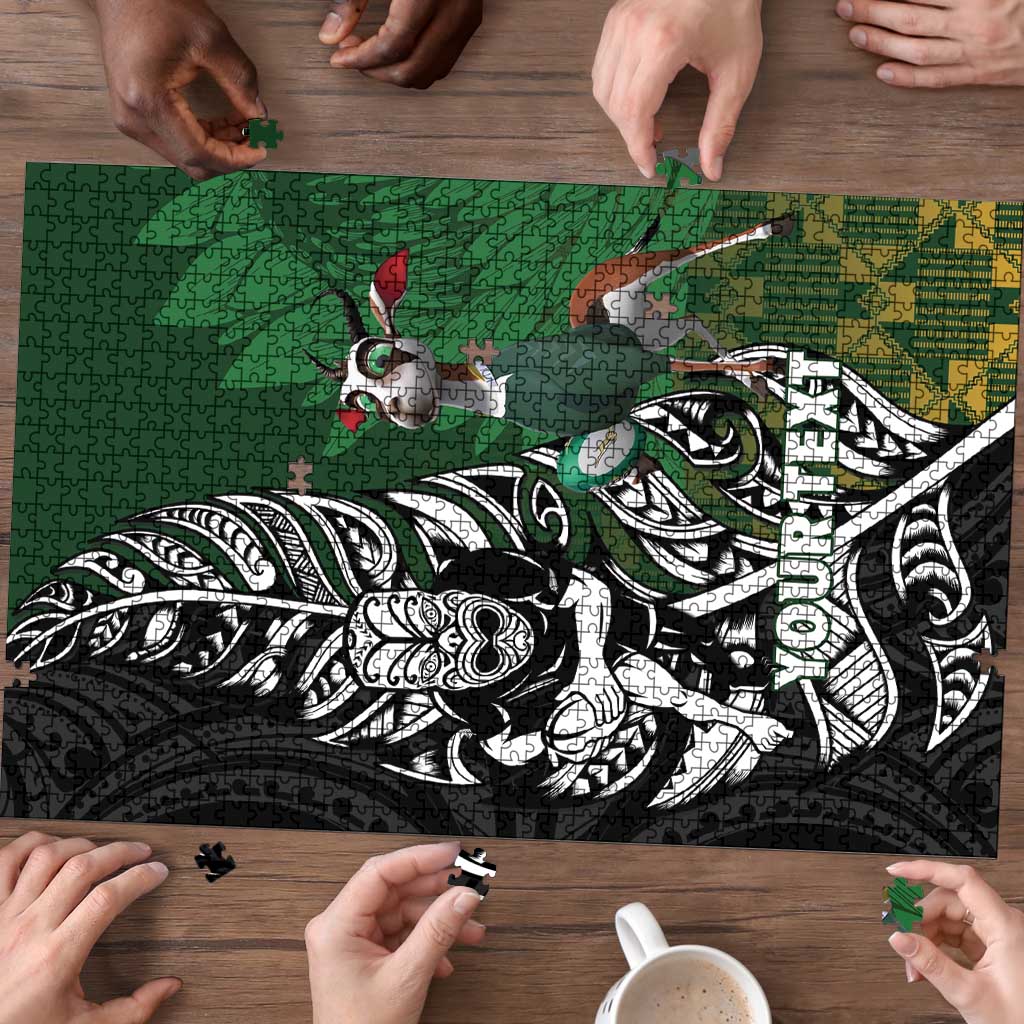 New Zealand and South Africa Rugby Custom Puzzle Maori Tiki Fern Springboks Kente Pattern - Aussie Hoodie