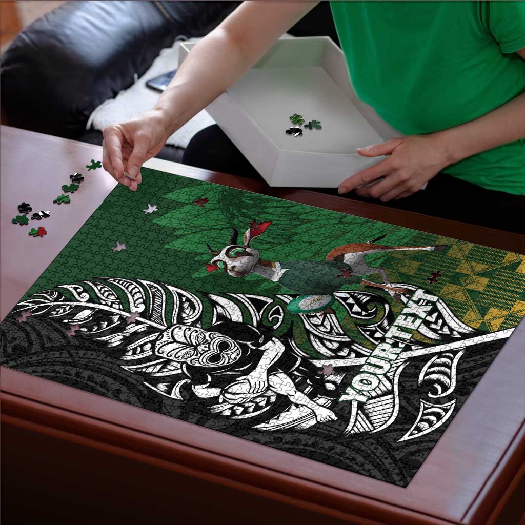 New Zealand and South Africa Rugby Custom Puzzle Maori Tiki Fern Springboks Kente Pattern - Aussie Hoodie
