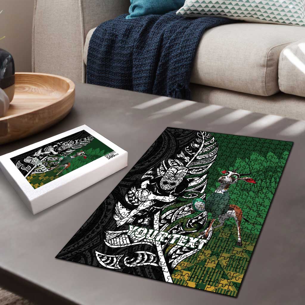 New Zealand and South Africa Rugby Custom Puzzle Maori Tiki Fern Springboks Kente Pattern - Aussie Hoodie