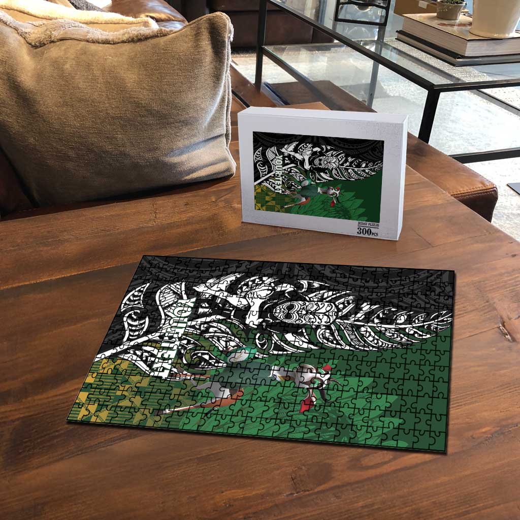 New Zealand and South Africa Rugby Custom Puzzle Maori Tiki Fern Springboks Kente Pattern - Aussie Hoodie