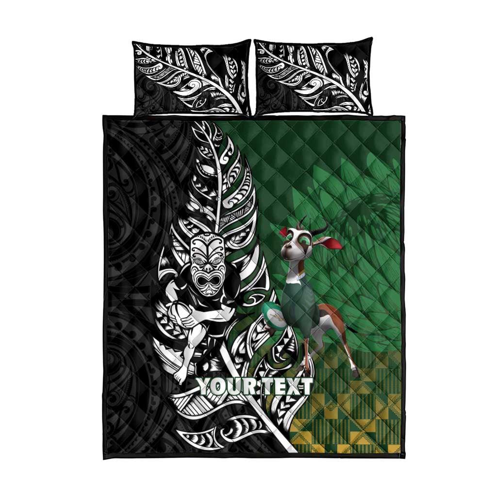 New Zealand and South Africa Rugby Custom Quilt Bed Set Maori Tiki Fern Springboks Kente Pattern - Aussie Hoodie
