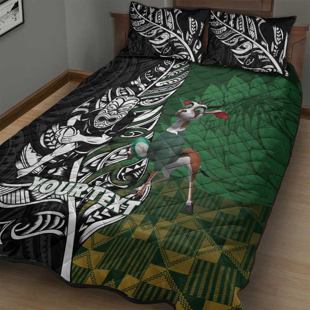 New Zealand and South Africa Rugby Custom Quilt Bed Set Maori Tiki Fern Springboks Kente Pattern - Aussie Hoodie