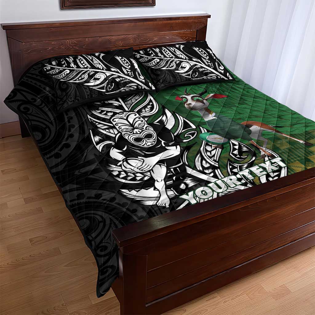 New Zealand and South Africa Rugby Custom Quilt Bed Set Maori Tiki Fern Springboks Kente Pattern - Aussie Hoodie