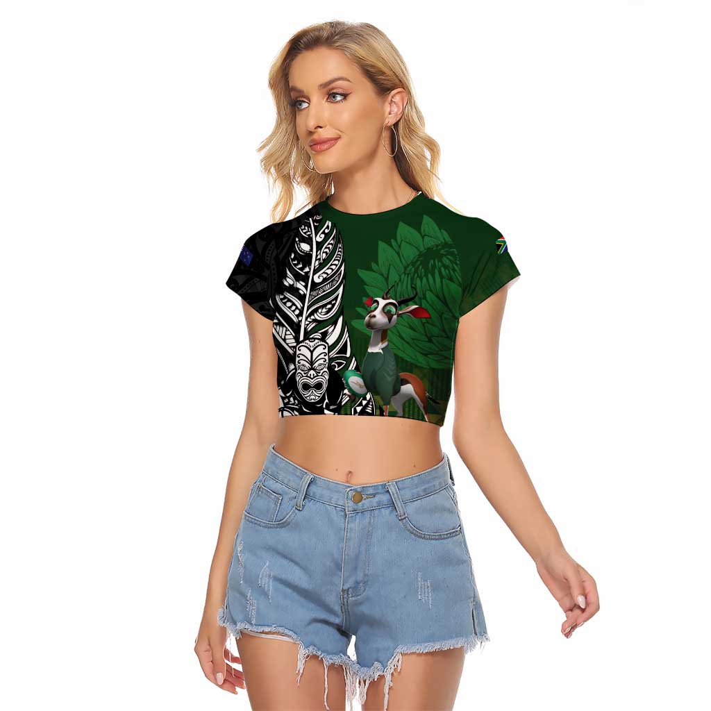 New Zealand and South Africa Rugby Custom Raglan Cropped T Shirt Maori Tiki Fern Springboks Kente Pattern - Aussie Hoodie