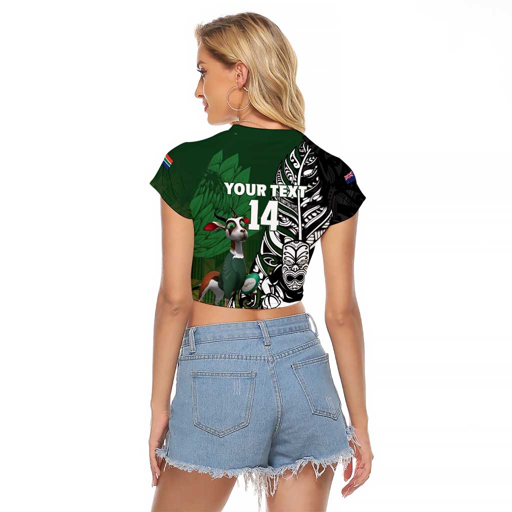 New Zealand and South Africa Rugby Custom Raglan Cropped T Shirt Maori Tiki Fern Springboks Kente Pattern - Aussie Hoodie