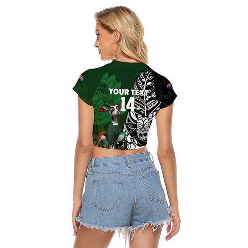 New Zealand and South Africa Rugby Custom Raglan Cropped T Shirt Maori Tiki Fern Springboks Kente Pattern - Aussie Hoodie