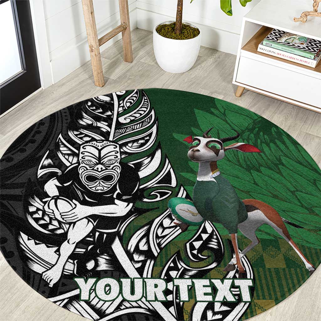 New Zealand and South Africa Rugby Custom Round Carpet Maori Tiki Fern Springboks Kente Pattern - Aussie Hoodie
