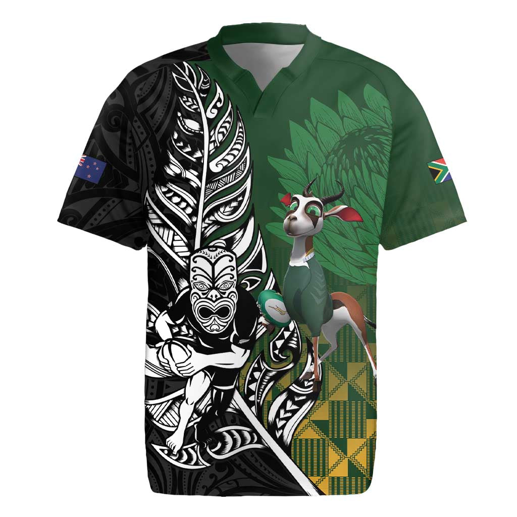 New Zealand and South Africa Rugby Custom Rugby Jersey Maori Tiki Fern Springboks Kente Pattern - Aussie Hoodie